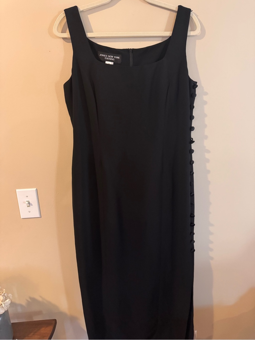 VINTAGE Jones New York Black Midi Dress with Side Button Detail - Size 14